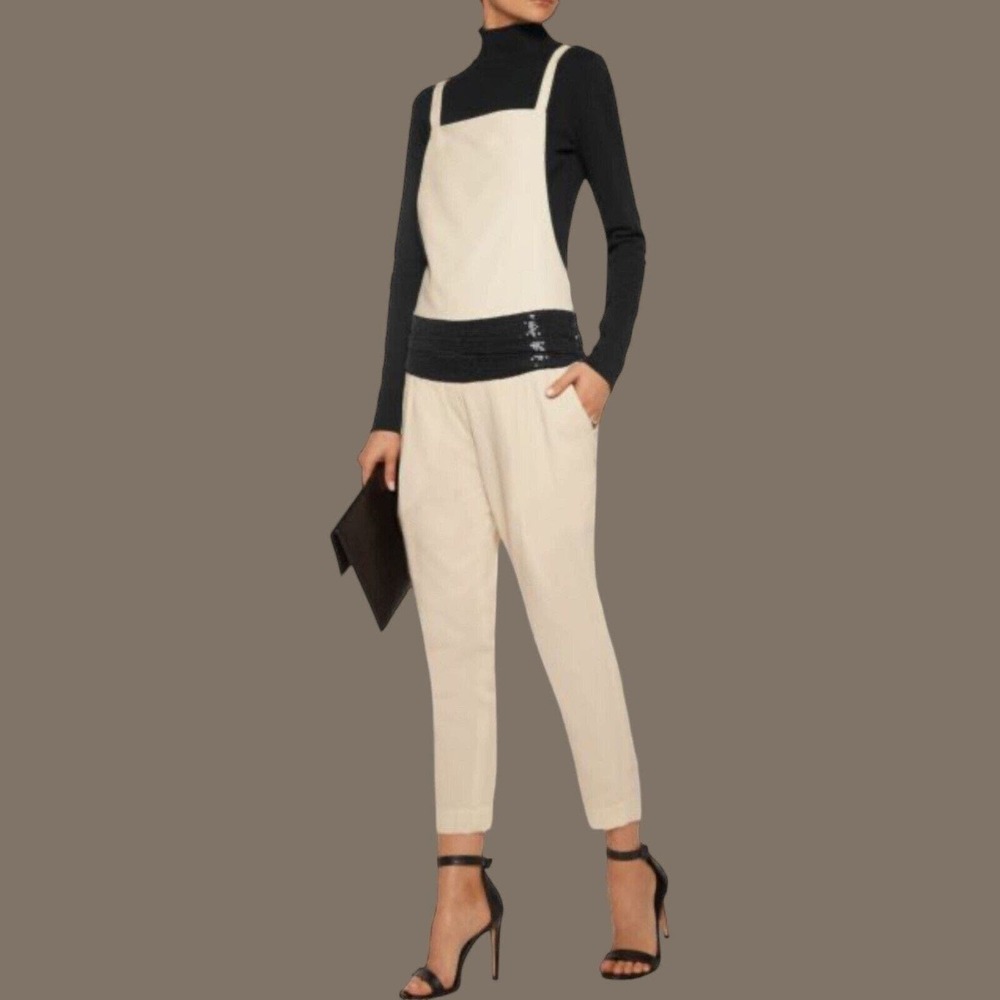 Brunello Cucinelli Silk Sequin Waist Jumpsuit Cream Women's Large NWT